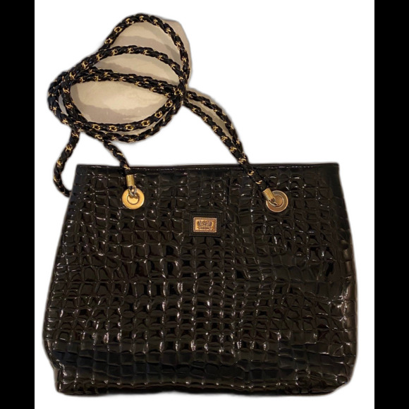 Vintage Studio Bag 1980’s Chanel Style Black Moc Crocodile Shoulder Purse Chic - Picture 1 of 12